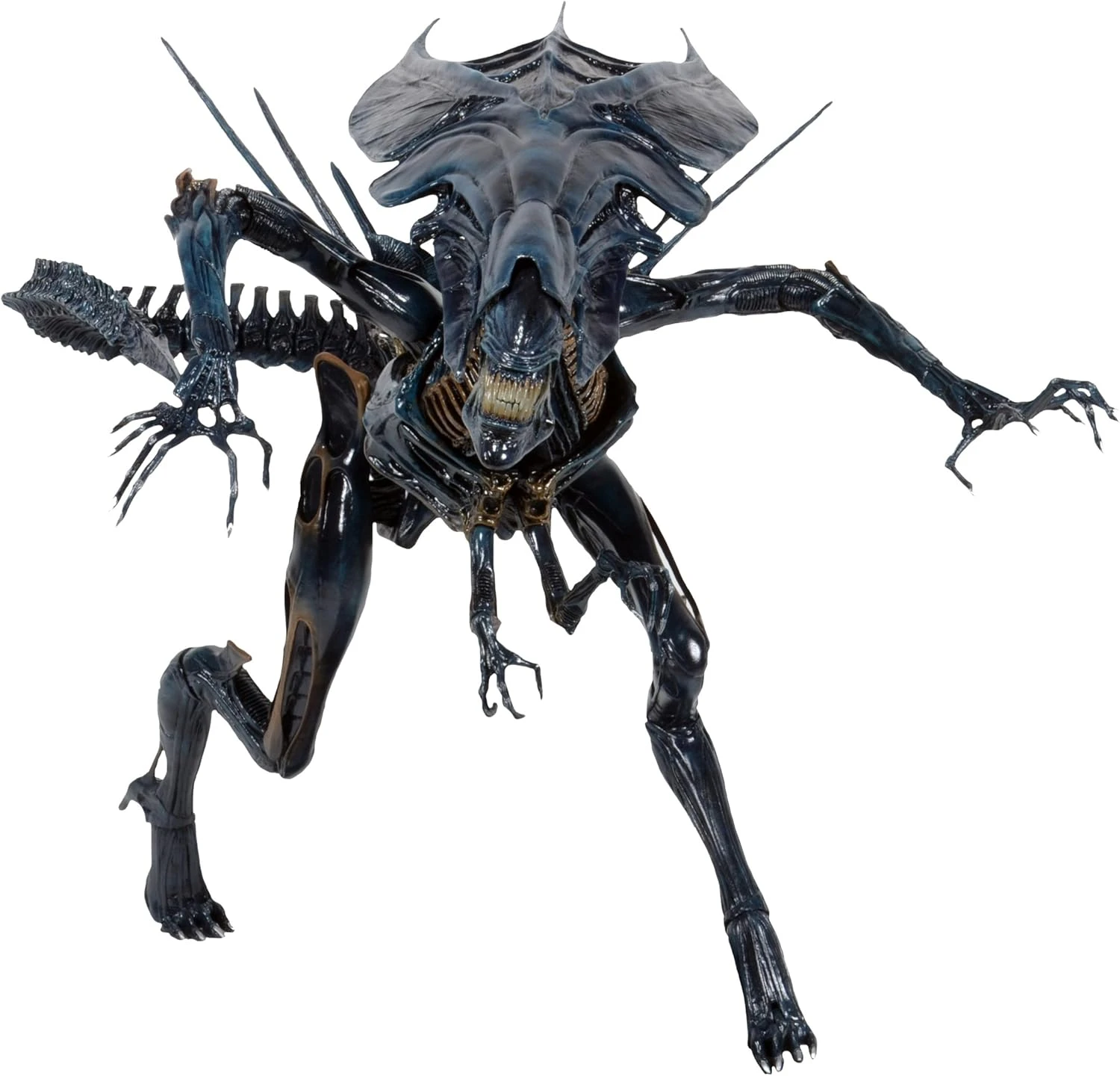 A massive, highly detailed 15-inch tall NECA Xenomorph Queen action figure with a glossy blue-black finish, displayed on a black support stand.
