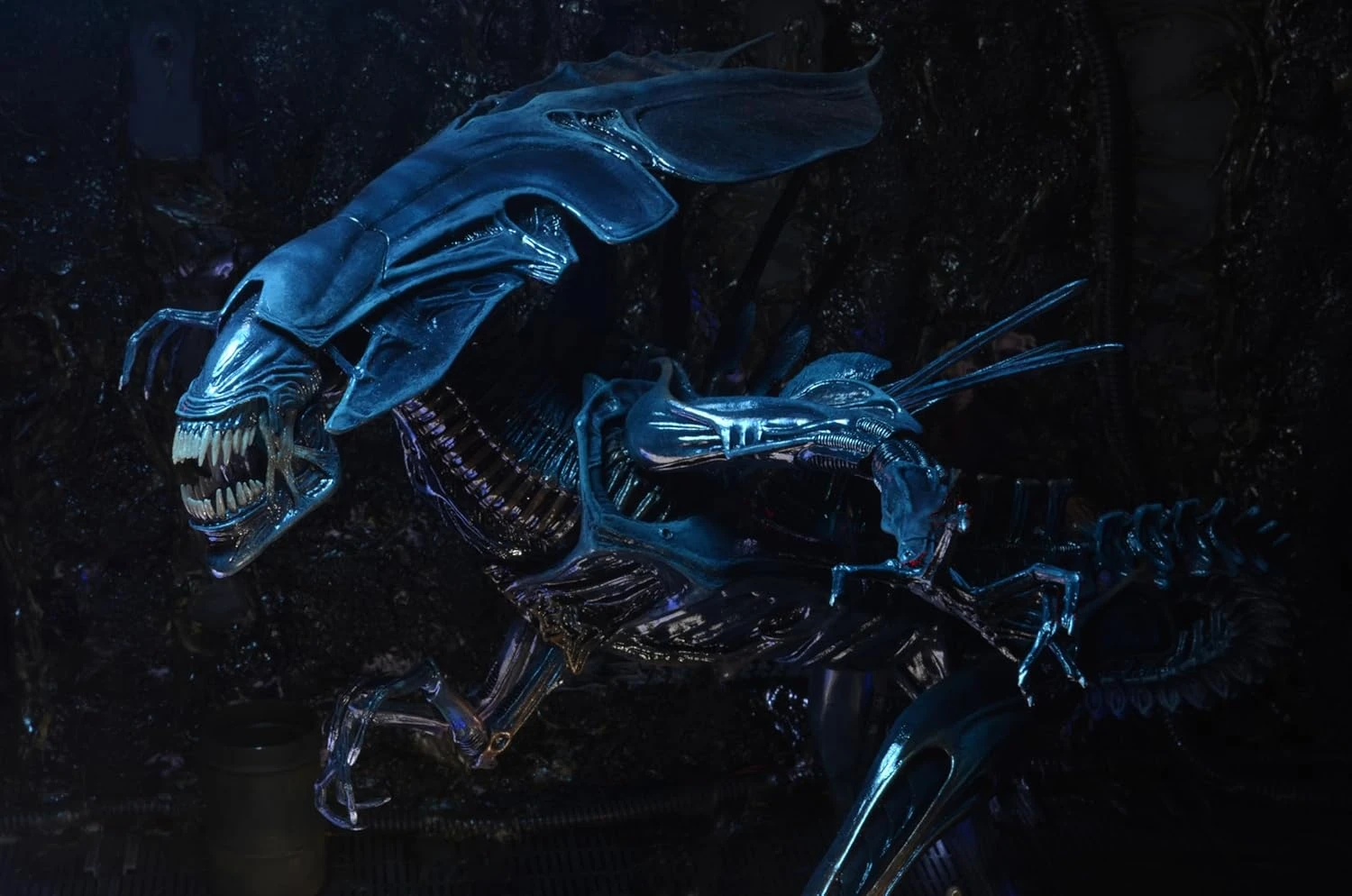 A massive, highly detailed 15-inch tall NECA Xenomorph Queen action figure with a glossy blue-black finish, displayed on a black support stand.