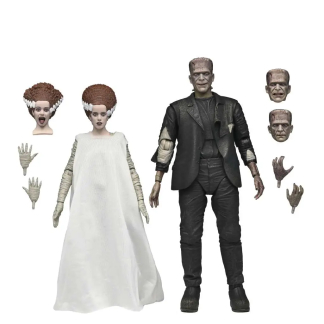 A 7-inch scale action figure 2-pack featuring Frankenstein's Monster and the Bride of Frankenstein in detailed black-and-white tones