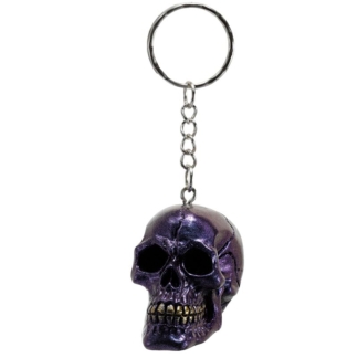 A detailed polyresin skull keyring finished in a vibrant metallic blue, heavily accented with gold paint along the teeth