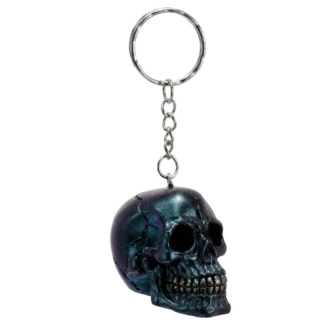 A detailed polyresin skull keyring with a shiny metallic green finish, featuring bright gold teeth
