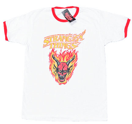 A white ringer t-shirt with a bright red crewneck collar and red sleeve cuffs, featuring a central graphic print of a horned red demon surrounded by yellow flames under the Stranger Things logo