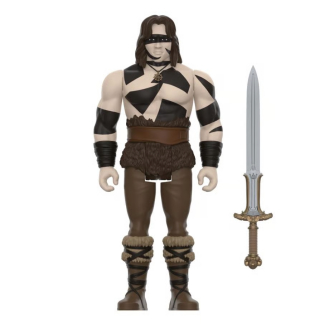 A 3.75-inch retro-style Conan the Barbarian action figure with black and white war paint markings, displayed on its movie-themed cardboard backing.
