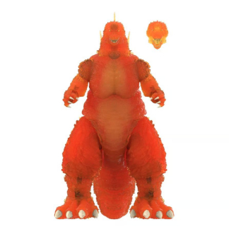 An 8-inch tall articulated Godzilla action figure made of vibrant translucent orange plastic, highlighting its spiky dorsal fins and textured scales