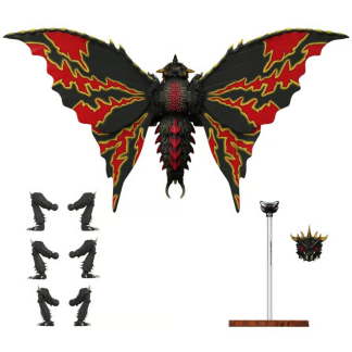 A deluxe articulated Battra kaiju figure showcasing its large black, red, and yellow patterned wings spread out wide.