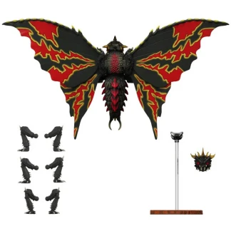 A deluxe articulated Battra kaiju figure showcasing its large black, red, and yellow patterned wings spread out wide.