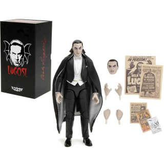 A 6-inch scale articulated Dracula action figure featuring the likeness of Bela Lugosi in his signature black tuxedo and cape.