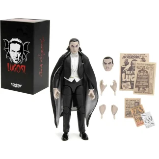 A 6-inch scale articulated Dracula action figure featuring the likeness of Bela Lugosi in his signature black tuxedo and cape.