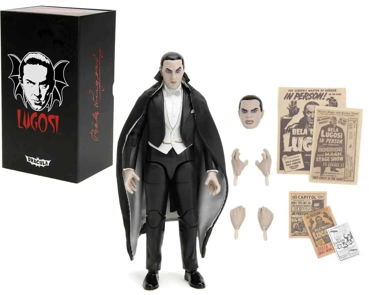 A 6-inch scale articulated Dracula action figure featuring the likeness of Bela Lugosi in his signature black tuxedo and cape.
