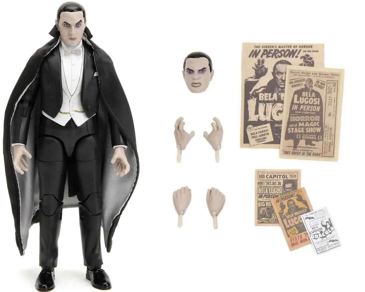 A 6-inch scale articulated Dracula action figure featuring the likeness of Bela Lugosi in his signature black tuxedo and cape.