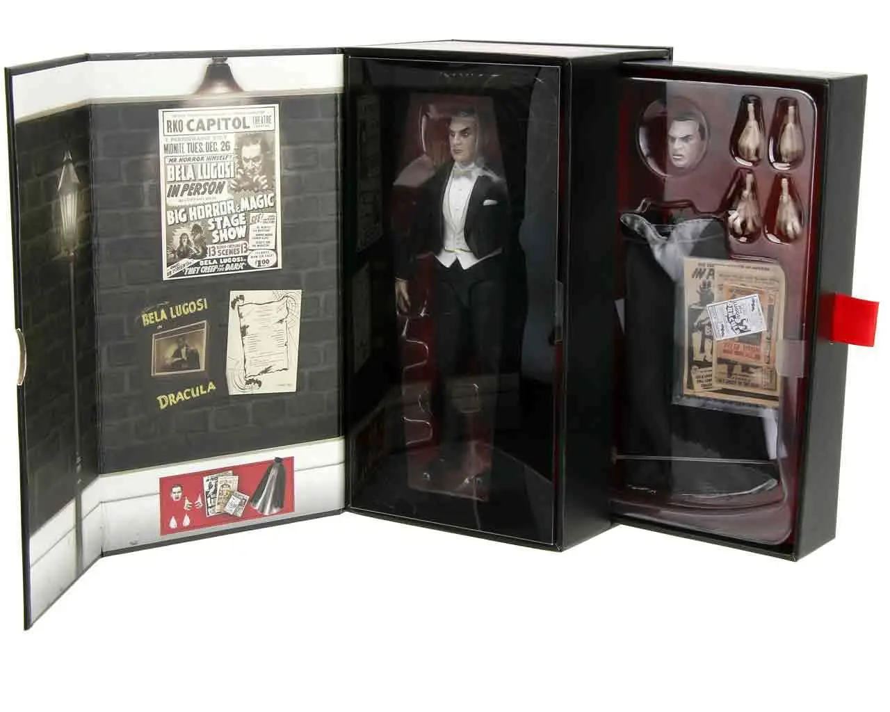 A 6-inch scale articulated Dracula action figure featuring the likeness of Bela Lugosi in his signature black tuxedo and cape.