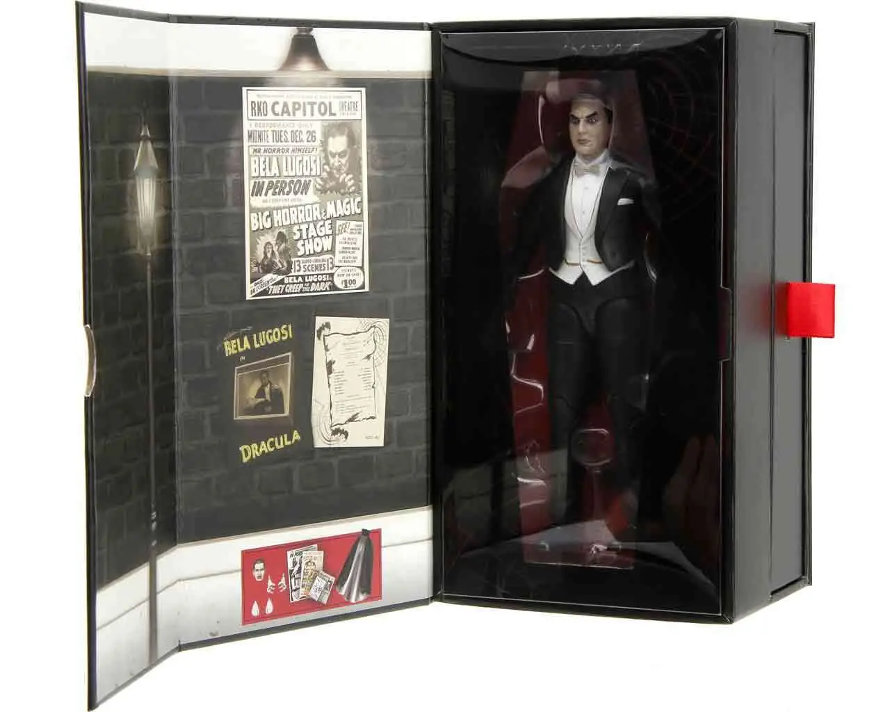 A 6-inch scale articulated Dracula action figure featuring the likeness of Bela Lugosi in his signature black tuxedo and cape.