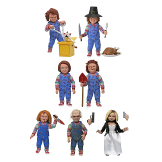 A display of all 7 possible figures in Series 2, including Tiffany, Old Chucky, and Poster Chucky.