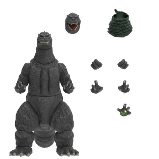 An 8-inch tall articulated Godzilla action figure with grey textured skin and white dorsal fins