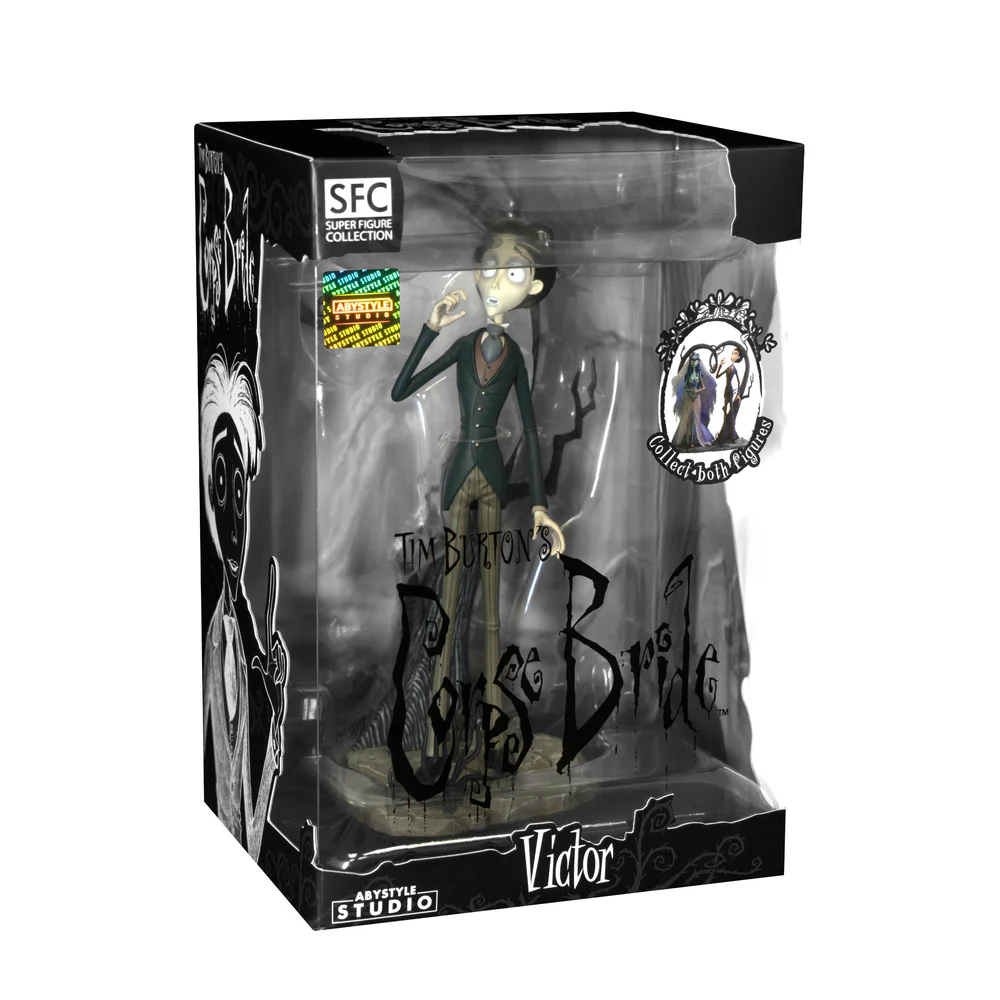 A highly detailed vinyl figurine of Victor Van Dort from Tim Burton's Corpse Bride standing in a black suit on a cobblestone display base with a nervous expression