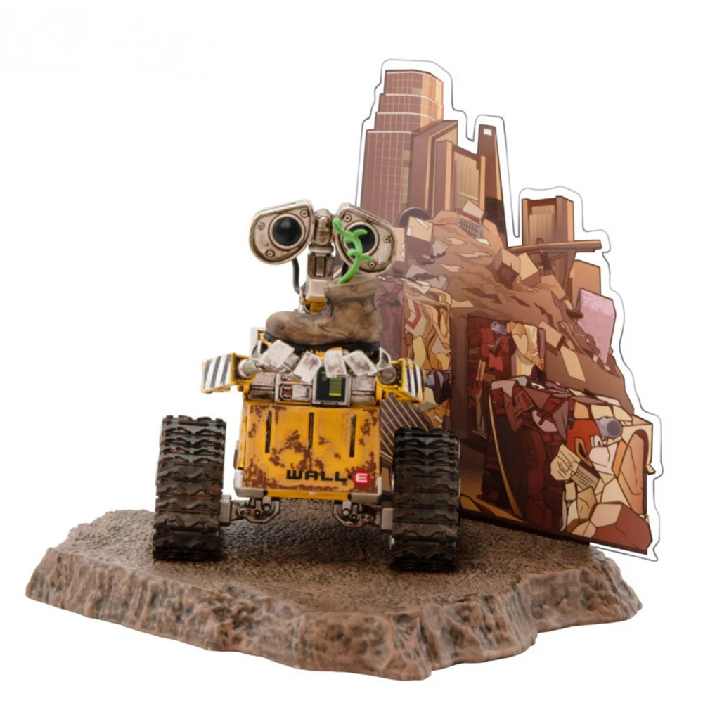 A highly detailed vinyl figurine of Disney Pixar's Wall-E standing on a small trash-heap themed display base, featuring weathered rust details and large expressive eyes