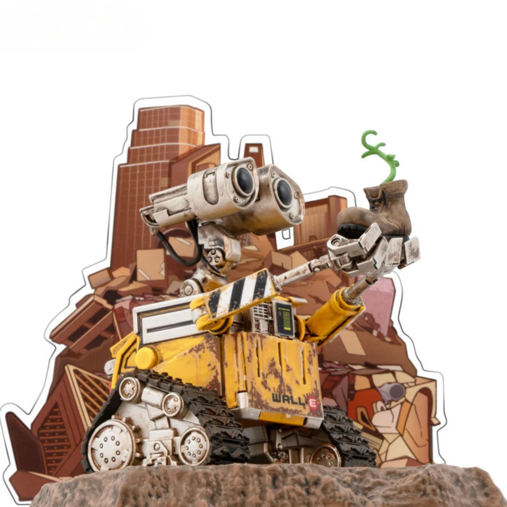 A highly detailed vinyl figurine of Disney Pixar's Wall-E standing on a small trash-heap themed display base, featuring weathered rust details and large expressive eyes
