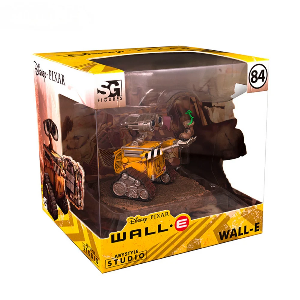 A highly detailed vinyl figurine of Disney Pixar's Wall-E standing on a small trash-heap themed display base, featuring weathered rust details and large expressive eyes