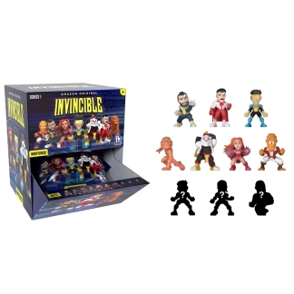 A vibrant, sealed mystery blind bag packet featuring official artwork and branding from the Amazon Studios Invincible animated series.