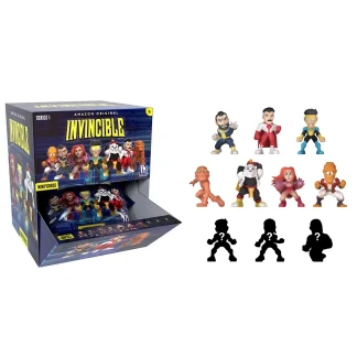 A vibrant, sealed mystery blind bag packet featuring official artwork and branding from the Amazon Studios Invincible animated series.