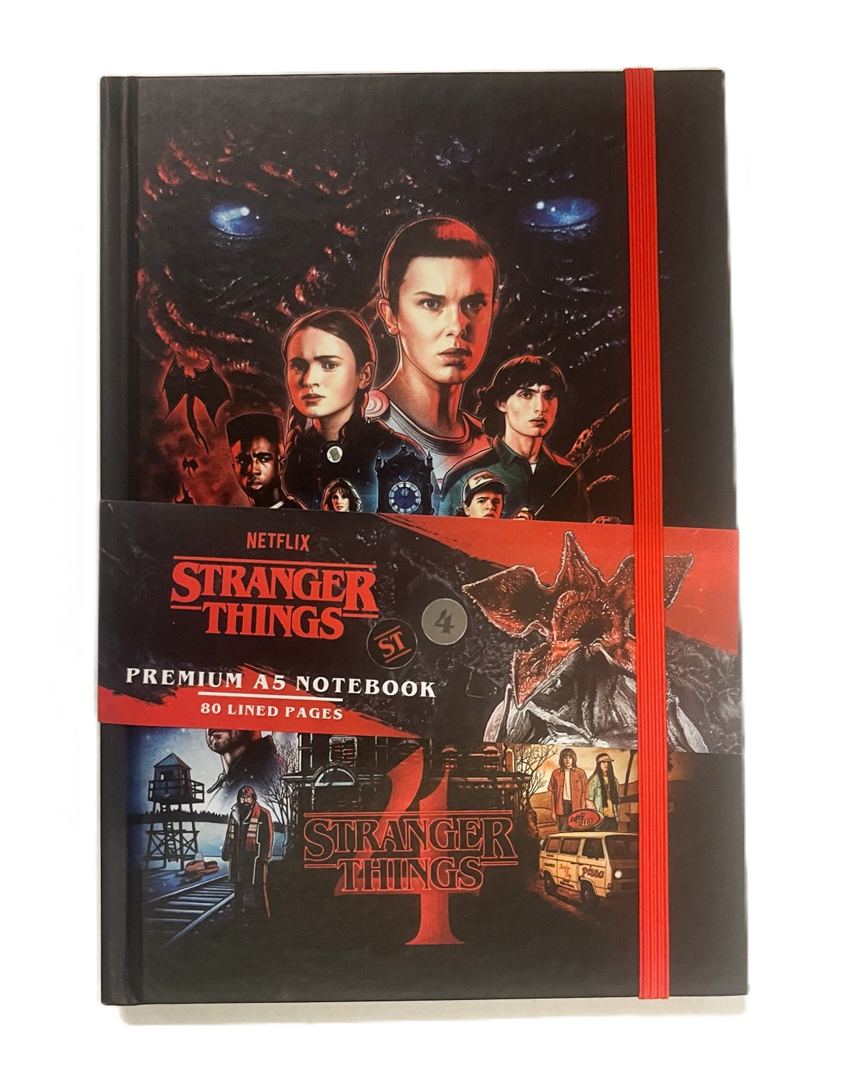 A premium A5 hardcover notebook featuring bold, retro graphic artwork from Stranger Things Season 4 on the front cover