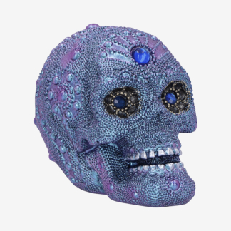 Nemesis Now Bejewelled Small 8.5cm gothic skull ornament with blue and purple jewel-effect finish.