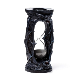 Gothic bat wings hourglass ornament with glass sand timer and sculpted resin wings